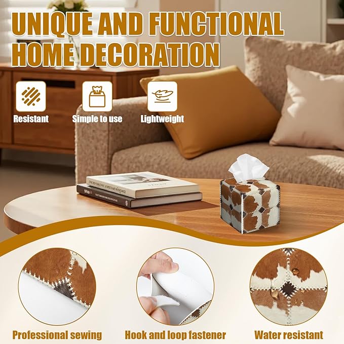 Brown Cowhide Tissue Box Cover 2PCS, Cow Skin Leather Tissue Box Holder Square Facial Paper Case Tissue Box Cube Organizer for Bathroom Bedroom Desk Office