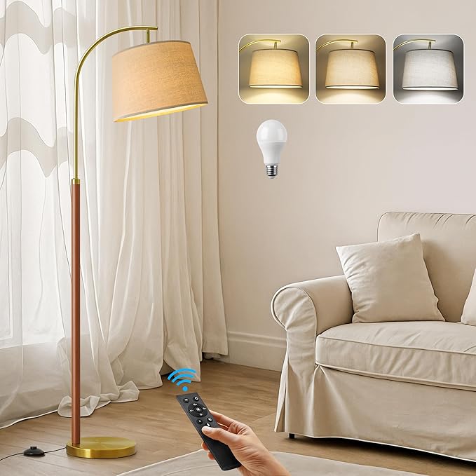 62.5" Gold Floor Lamp for Living Room Dimmable Standing Lamp with Remote & Foot Switch, 3 Color Temperatures Arc Tall Lamp Wood Mid Century Modern Floor Lamps for Bedroom Office, 9W Bulb Included