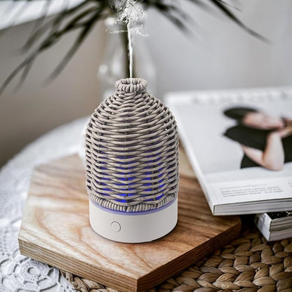 Essential Oil Diffuser - Multifunction Aromatherapy Diffuser 7 LED Color Changing Light 100ML Rattan Diffuser Easy to Clean Suitable for Home,Office (Grey)