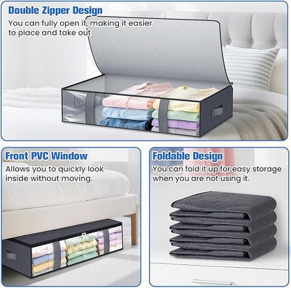 TasticTotes Under Bed Storage Containers, 6 Pack Blanket Storage Bags, Collapsible Storage Bags with Big Zippers, Clear Front, Shoe Storage and Organization for Clothes, Comforter, 60L, Grey