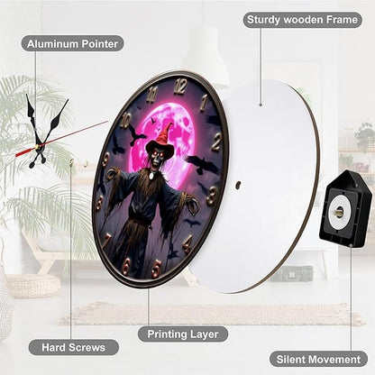Wall Clock, Spooky Scarecrow Non Ticking Wall Clocks Battery Operated, Black Wooden Wall Clocks for Living Room, Kitchen, Halloween Decorative 10 Inch
