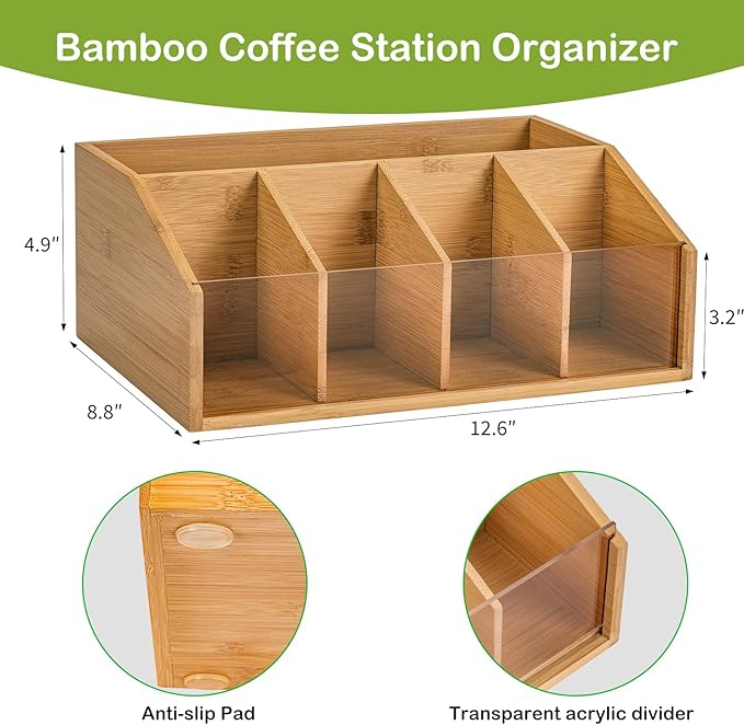 Bamboo Coffee Station Organizer for Countertop, Coffee Bar Accessories Organizer with 5 Compartments for Tea Bags Condiment, Pods, Creamer, Syrup, Cups