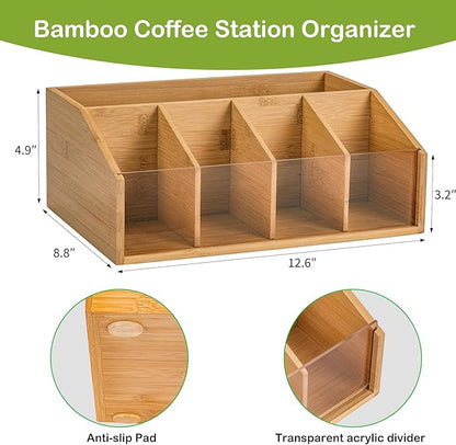 Bamboo Coffee Station Organizer for Countertop, Coffee Bar Accessories Organizer with 5 Compartments for Tea Bags Condiment, Pods, Creamer, Syrup, Cups