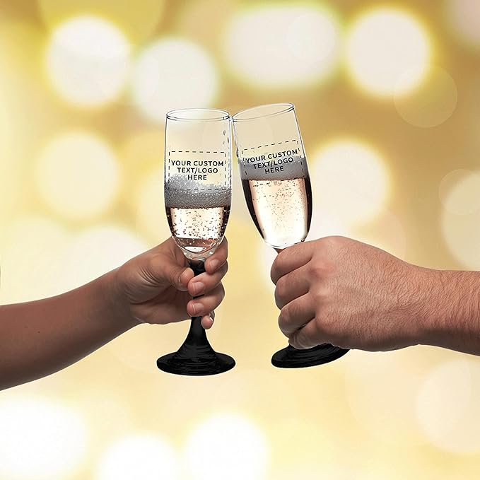 DISCOUNT PROMOS Custom Premiere Champagne Flutes 6.25 oz. Set of 100, Personalized Bulk Pack - Elegant Drinkware for Weddings, Events, & Promotional Gifts - Black