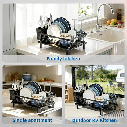 GAOKASE Dish Drying Rack, Stainless Steel-Dish Rack, Dish Racks for Kitchen Counter, Kitchen Dish Drainers with Removable Utensil Holder,New Drain Outlet,Plate Rack and Drainboard,Black