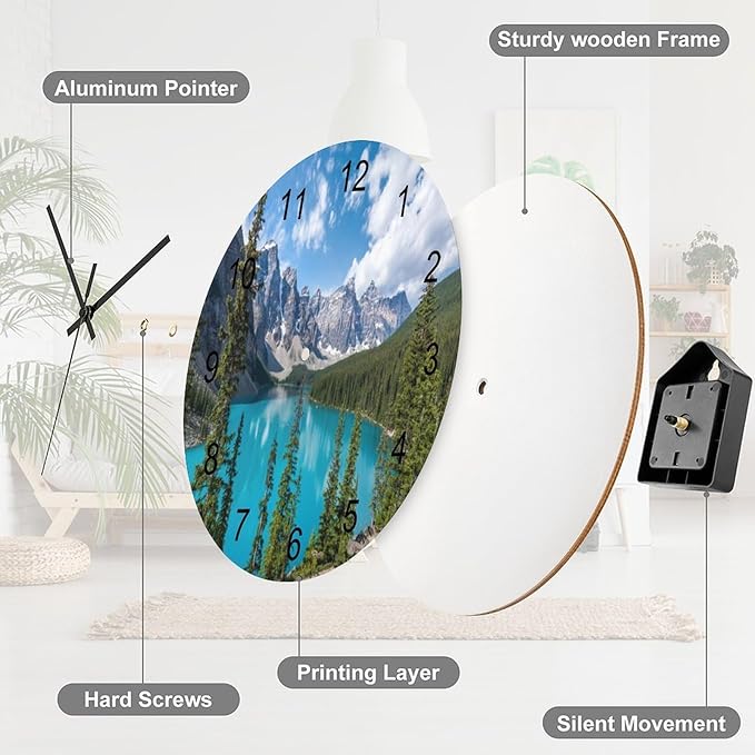 Scenic Nature Wall Clock 12 Inch Silent Non Ticking Clock Wooden, Natural Landscape Lake Mountain Forest Tree Woodland Scenery Wall Clock Battery Operated Kitchen Bedroom Living Room Decor