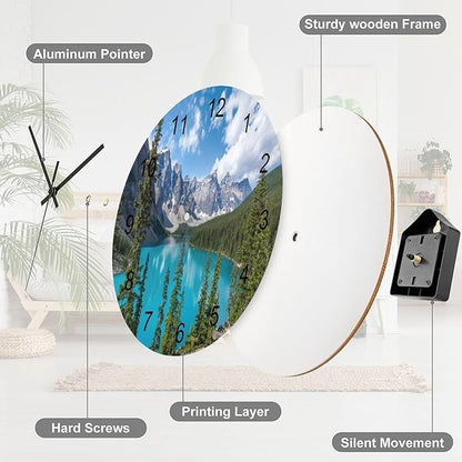 Scenic Nature Wall Clock 12 Inch Silent Non Ticking Clock Wooden, Natural Landscape Lake Mountain Forest Tree Woodland Scenery Wall Clock Battery Operated Kitchen Bedroom Living Room Decor