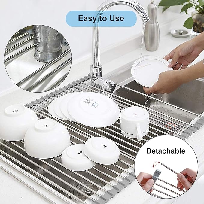 Over the Sink Dish Drying Rack, Searik Roll up Sink Dish Drainer Rack Foldable Kitchen Stainless Steel Dish Rack Sink Drying Rack (17.7” x 11.8”)