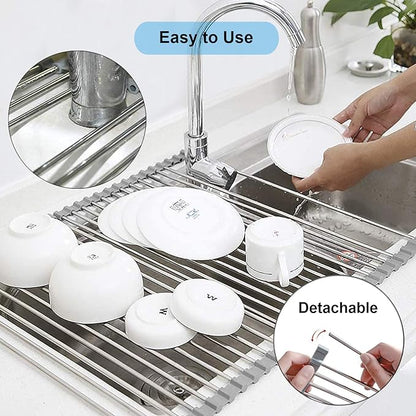Over the Sink Dish Drying Rack, Searik Roll up Sink Dish Drainer Rack Foldable Kitchen Stainless Steel Dish Rack Sink Drying Rack (17.7” x 11.8”)