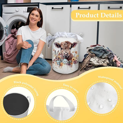 Cow Laundry Basket, Farmhouse Floral Cow Waterproof Collapsible Laundry Hamper Dirty Clothes Storage Toy Bin Organizer for Bathroom Bedroom Nursery Girls Kids Room