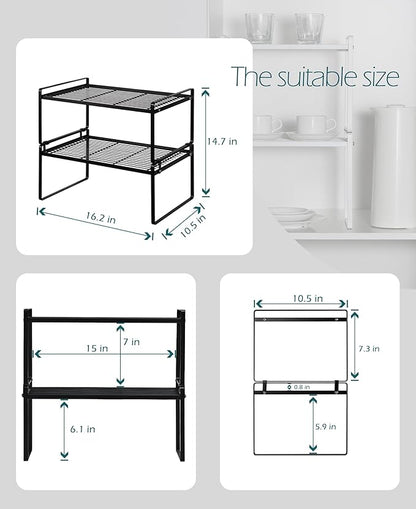 Shantton 2Pack Kitchen Cabinet Shelf Counter Organizer Rack Pantry Storage Bathroom Bedroom Office Table Desk Space Saving Stackable Rust Resistant Non Slip Black Wide L16.1in W10.6in H7.3in