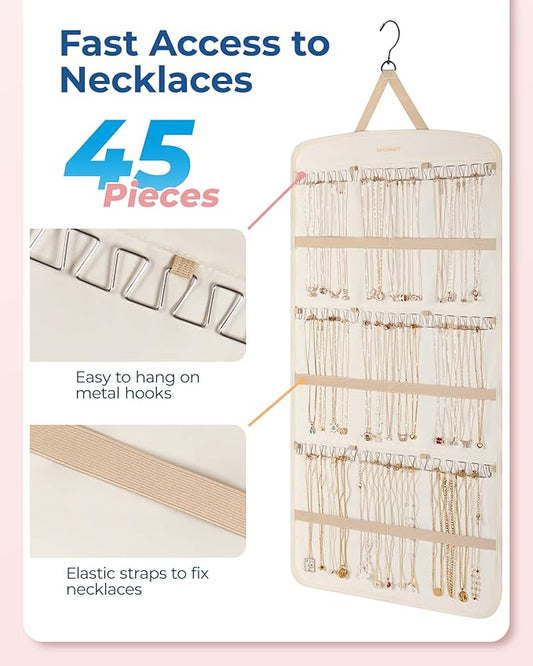 BAGSMART Hanging Jewelry Organizer, Necklace Holder Anti-tangle Earrings Rings Hanger with Pockets Hang on Closet, Wall, Door,1 Piece, Extra Large Beige