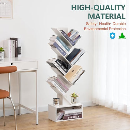 Yoobure Tree Bookshelf, 6 Tier Small Book Shelf Retro Floor Standing Bookcase, Wood Book Storage Organizer Rack, Tall Narrow Bookshelves for Corner/Bedroom/Living Room/Home Office, White