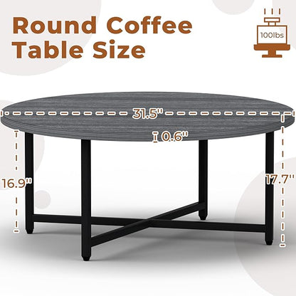 Round Coffee Table, 31.5" Coffee Tables for Living Room, Large Coffee Table Round for Indoor & Outdoor Use, Office, Patio or Garden, Large Gray(31.5" D x 17.7" H)
