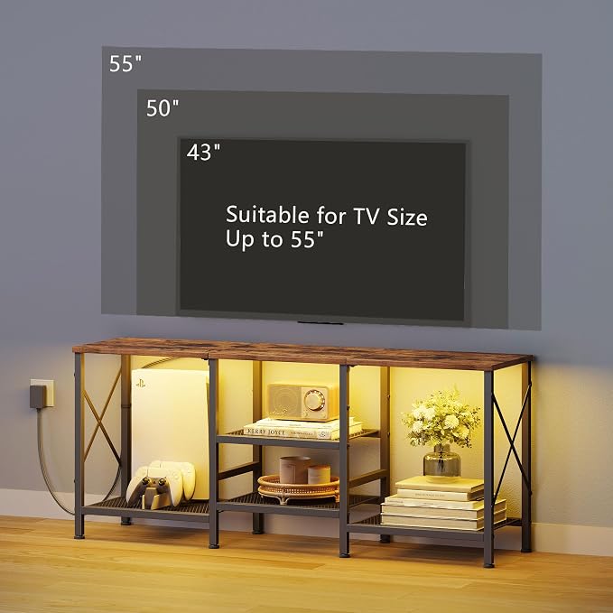 JARHETUN TV Stand with LED Lights for 55 Inch TV, Entertainment Center with 3-Tier Open Shelves, TV Console Table for Living Room, Bedroom, Rustic Brown