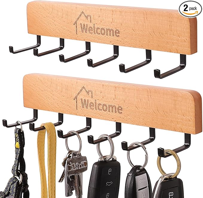 Wooden Key Holder with Metal Hooks,No Drill Adhesive & Screws, Wall Mount Entryway Organizer for Keys, Coats, Hats, Rustic Farmhouse Wall Decor for Hallway, Apartment (2, Natural)