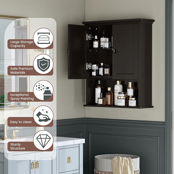 Bathroom Wall Cabinet, Over The Toilet Storage Cabinet Wall Mounted Medicine Cabinet with Build-in Spirit Level Cupboard Adjustable Shelves for Bathroom Laundry Room Kitchen, Espresso