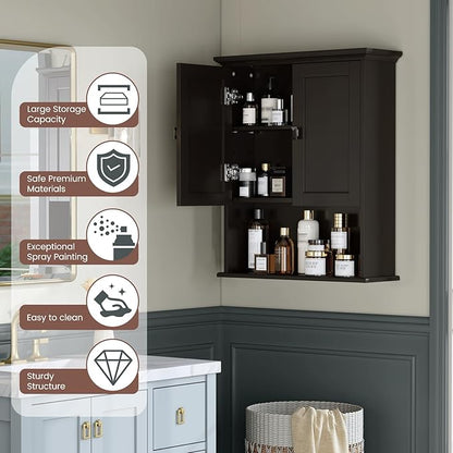 Bathroom Wall Cabinet, Over The Toilet Storage Cabinet Wall Mounted Medicine Cabinet with Build-in Spirit Level Cupboard Adjustable Shelves for Bathroom Laundry Room Kitchen, Espresso