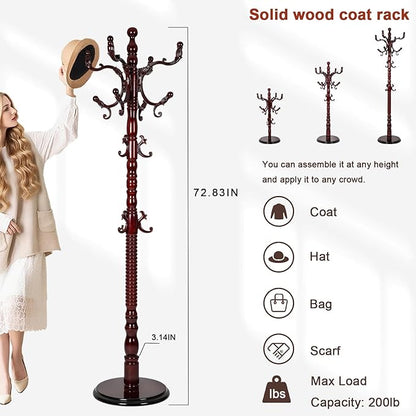 Coat Racks Freestanding, Natural Wood Coat Stands with 14 Hooks, 73" Heavy Duty Adjustable Height Vintage Hall Tree for Entryway, Bedroom, Office, Easy Assembly (Rosewood)