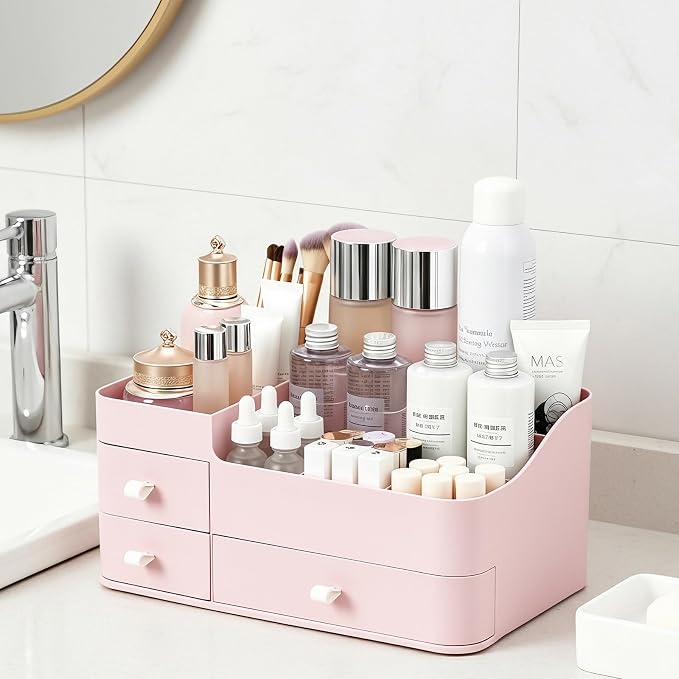 Makeup Organizer with Drawers, Bathroom Counter Organizer, Plastic Cosmetic Display Case, Large Skincare Storage for Vanity Countertop, Ideal for Bedroom Dresser top and Desktop