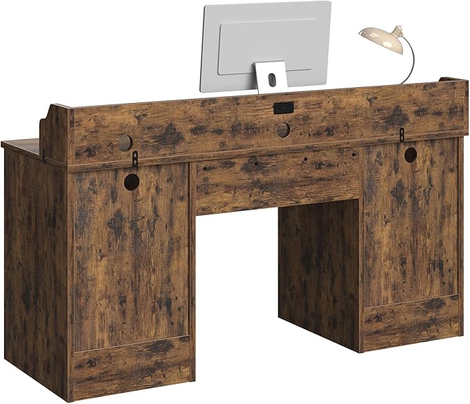 Bestier Farmhouse 59" Executive Desk with Drawers, Wood Computer Desk with Charging Station, Home Office Desk with Keyboard Tray & Monitor Stand, Sturdy Pedestal Desk for Work Study, Rustic Brown
