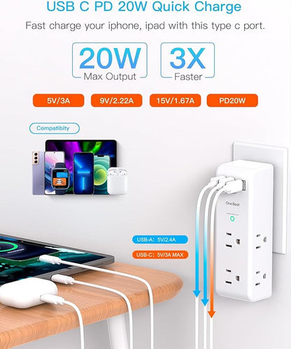 Surge Protector Outlet Extender with Rotating Plug, PD 20W, One Beat 6 AC Multi Plug Outlet with 3 USB Ports (1 USB C), 1800 Joules, 3-Sided Swivel Power Strip with Spaced Outlet Splitter for Office
