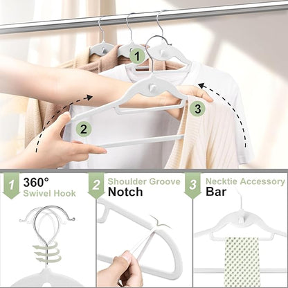 Velvet Felt Stackable Hangers 50 Pack, Non Slip, with 360°Swivel Hook, Ultra Thin and Space Saving for Suits, Shirts, Coats, 15Lbs Capacity Heavy Duty, White