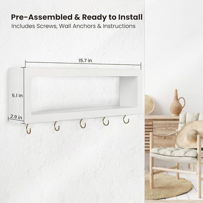 Wall Shelf with Hooks - Decorative Key and Wallet Holder for Wall Holds Sunglasses, Leashes, Scarves and Lanyards - 15.7" x 5.1" x 2.9" Entryway Organizer Made of Paulownia Wood (White)