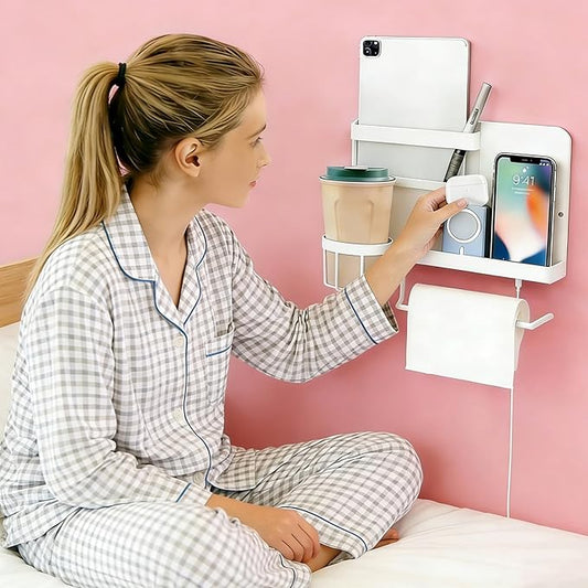 Bcareself Bedside Wall Organizer, Floating Bedside Shelf Wall Mount, Dorm Room Essentials, Remote Control Holder, Dorm Decor Organization and Storage Cool Teen Girls Trendy Stuff (White)