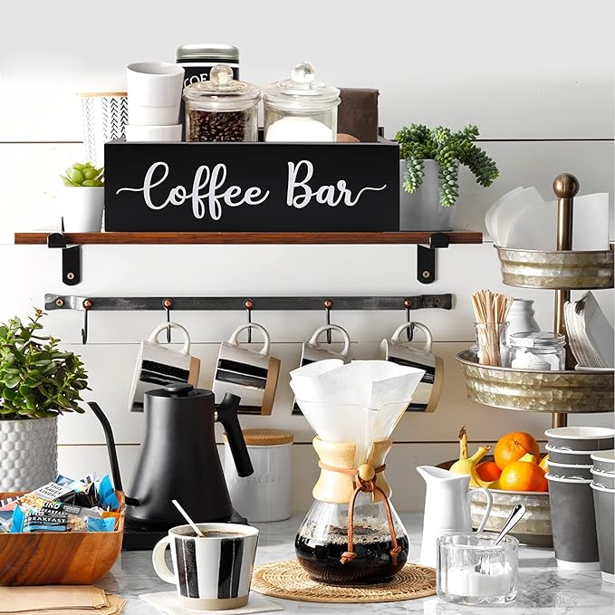 Coffee Station Organizer Coffee Bar Wood Countertop Accessories for Home Office Kitchen Countertop Organizer Condiment Station Storage Farmhouse Coffee Bar Decor 12"L x 6.6"W x 3.6"H, Black