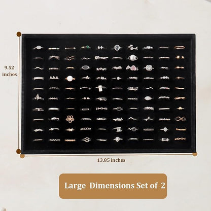 Large Velvet Jewelry Tray 2 Pack Stackable Jewelry Display Drawer Inserts Trays Organizer for Earring Bracelet Necklace Ring (Black, Ring 81 Slots)