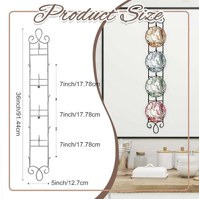 Blulu 1 Pcs Wall Mounted Tea Cup & Saucer Display Rack, 4-tier Metal Mug Holder with Plate Hangers, Decorative Wall Storage for Kitchen, Gift&Coffee Bar Display, 36'' x 5'' (White)