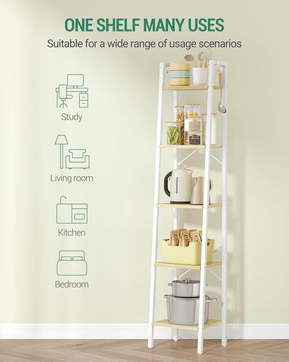Ladder Shelf, Bookshelf Bookcase, Freestanding Corner Storage Shelve with 2 Hooks for Home Office, Living Room, Kitchen, Bedroom, Industrial, 11.8" D x 13.4" W x 63" H, White Oak and White