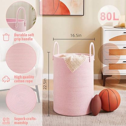 Laundry Basket,Woven Cotton Rope Laundry Hamper,80L for Decorative Storage of Dirty Clothes,Toys and Blankets in Bathroom,Baby Room and Living Room