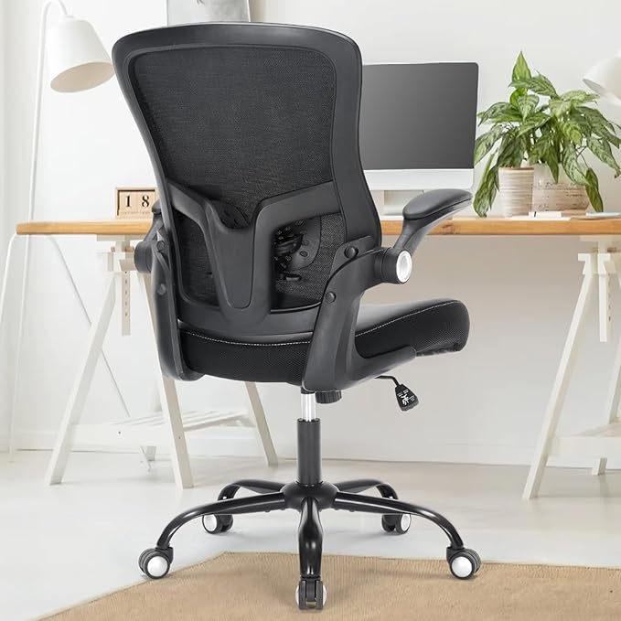 Office Chair Ergonomic Desk Chair Swivel Mid Back Mesh Computer Chair with Lumbar Support Comfy PU Leather Seat Adjustable Height Flip-up Arms Executive Task Chair,Black