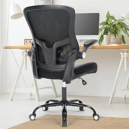 Office Chair Ergonomic Desk Chair Swivel Mid Back Mesh Computer Chair with Lumbar Support Comfy PU Leather Seat Adjustable Height Flip-up Arms Executive Task Chair,Black