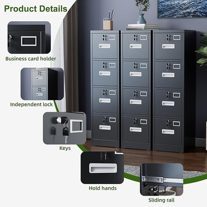 Aobabo 4 Drawer File Cabinet, Metal Filing Cabinet with Lock for Office Letter/Legal Size,Black,Required-Assembly