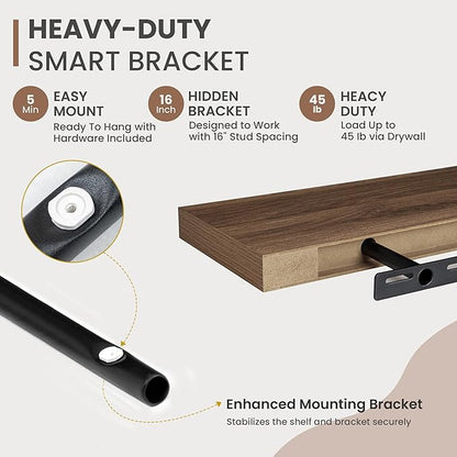 Acovy 48 Inch Floating Shelves, 8 Inch Deep Floating Shelves for Wall, Hanging Shelf with Invisible Brackets, Deep Shelves for Bathroom, Bedroom, Living Room, Walnut, Set of 1