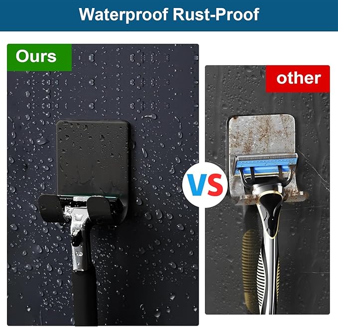 Diesisa Razor Holder 304 Stainless Steel for Shower + Adhesive Sticky Heavy Duty Waterproof Wall Hooks, Premium for Hanging Towels, Coat, hat (2+2 Pack) - Black