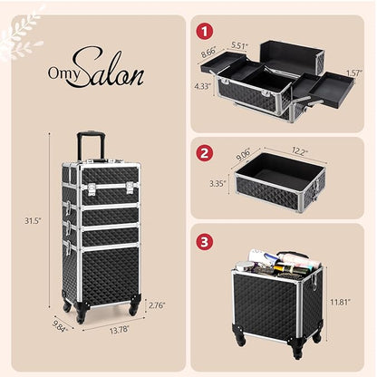 mefeir 4-in-1 Rolling Makeup Train Case Lift Handle,4 Removable Wheels Lockable Keys,Aluminum Cosmetic Trolley Beauty Stylist Artist Organizer Box,Ideal Xmas New Year Gift (Diamond Black)