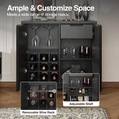 Fluted Coffee Bar Cabinet with Storage, Modern Sideboard Buffet Cabinet with Removable Wine Rack, Drawer, Adjustable Shelf, Black Liquor Cabinets for Living Room, Dining Room, Kitchen, Entryway