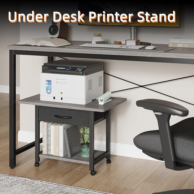 YAOHUOO 22"x15" Large Printer Stand with Drawer, 2-Tier Rolling Table Cart | Under Desk Printer Table,Storage Fabric Drawer,Fit printer/fax/3d/scanner,4 Lock Wheels or Feet,For Home Office Dorms,Gray