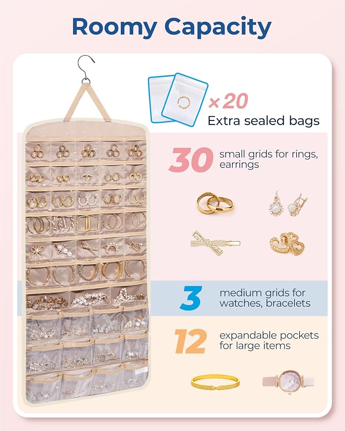 BAGSMART Hanging Jewelry Organizer, Necklace Holder Anti-tangle Earrings Rings Hanger with Pockets Hang on Closet, Wall, Door,1 Piece, Extra Large Beige