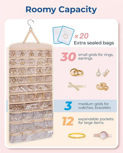 BAGSMART Hanging Jewelry Organizer, Necklace Holder Anti-tangle Earrings Rings Hanger with Pockets Hang on Closet, Wall, Door,1 Piece, Extra Large Beige