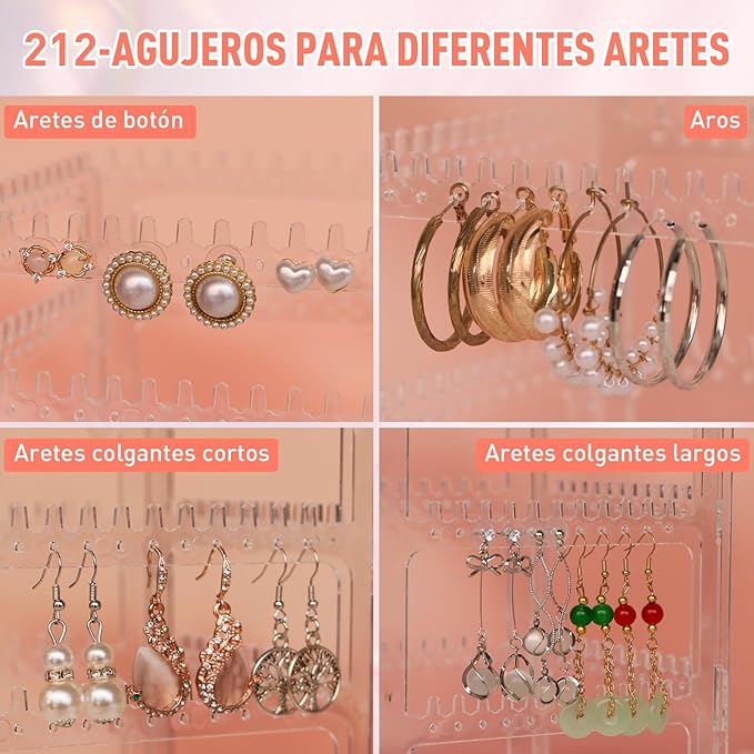 17Dec 360 Rotating Earring Holder Organizer Stand,5 Tiers Acrylic Jewelry Organizers and Storage,Stud Earring Organizers and Storage,212 Holes and 212 Grooves for Earrings Necklaces chain bracelet