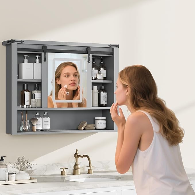 QUW 31" Farmhouse Bathroom Wall Cabinet, Bathroom Medicine Cabinets with Mirror, Over Toilet Wall Storage Cabinet, 3 Lighting Modes, Adjustable Brightness, Jewelry Holder, Sliding Door, Grey