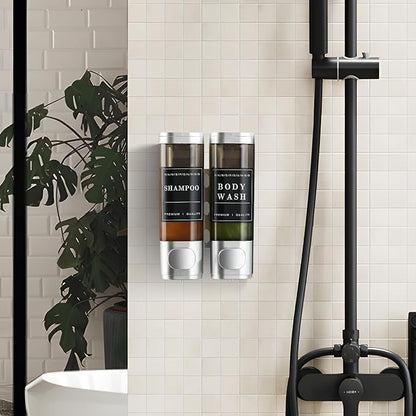 Shampoo and Conditioner Dispenser,Unisence Shower Dispenser 2 Chamber No Drill Wall-Mounted Shampoo Dispenser for Shower Wall Mounted Body Wash Dispenser for Bathroom Hotel Large Capacity,Silver