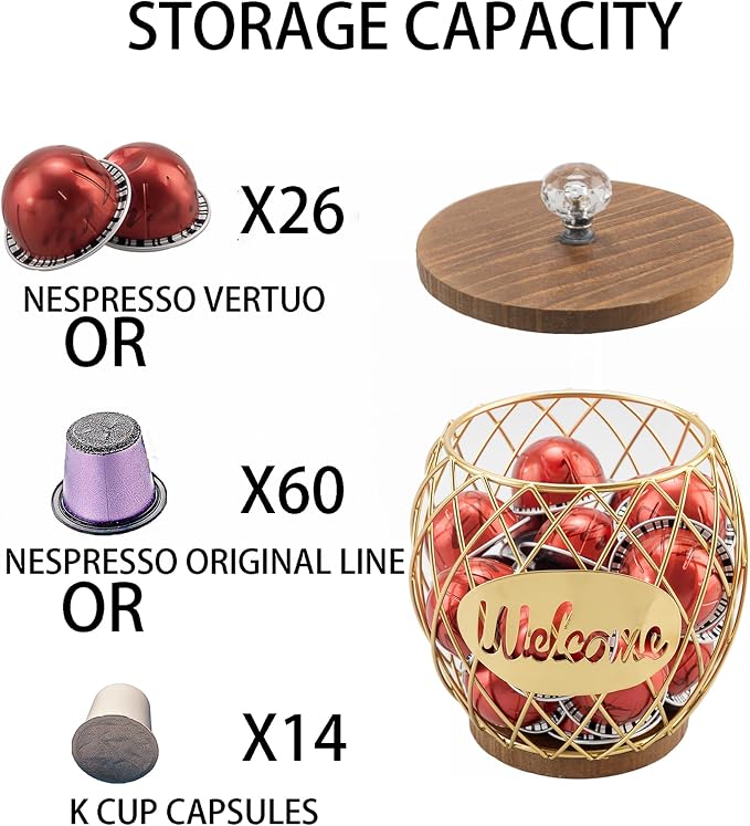 Gold Metal Wire Coffee Pod Holder Basket with Wood Base & Lid, Crystal Knob Capsule Storage Organizer Compatible with Nespresso Vertuo, Holds 60 Original or 26 Vertuo for Coffee Station Countertop