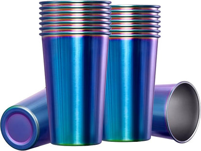 MEWAY 16 Pack 16oz Stainless Steel Pint Cup,Healthy Unbreakable and Stackable,Metal Drinking Glasses，Beer Glasses（Rainbow）