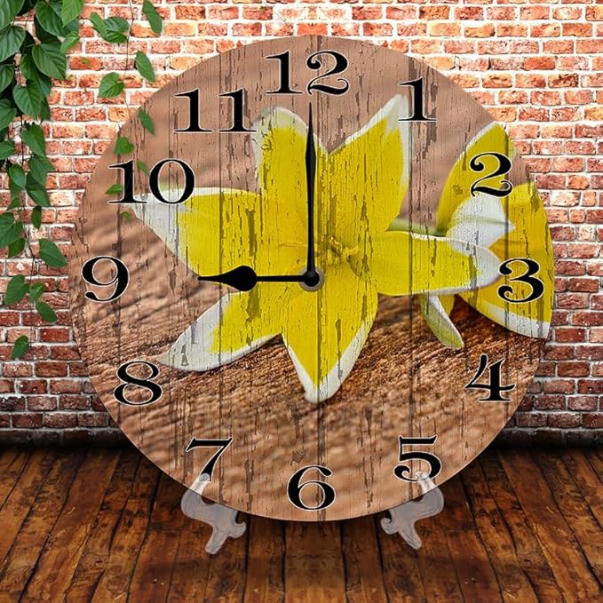 Yellow Flower Wall Clock 10 Inch Silent Non Ticking Battery Operated Wooden Modern Office Simple Minimalist Clock Decorative for Kitchen Home Bathroom Living Room